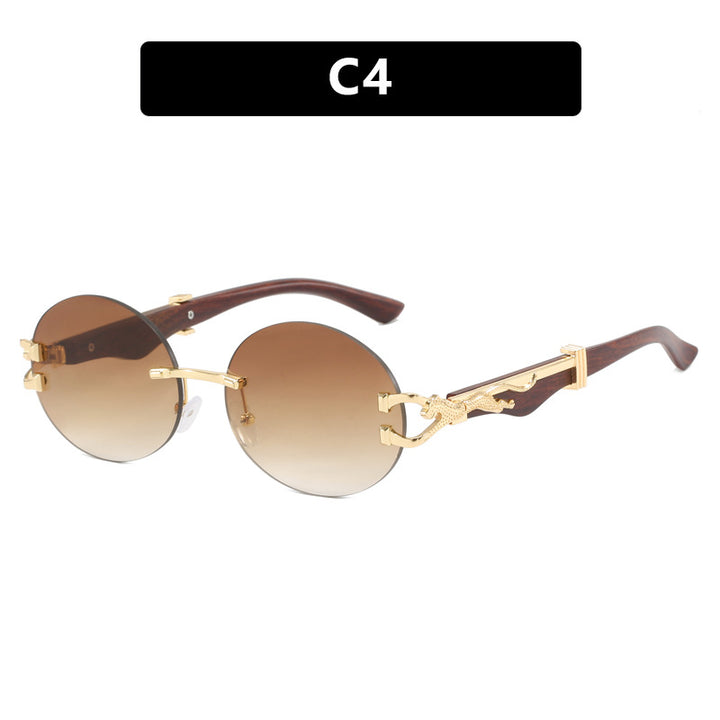 Leopard round frameless cut edge wooden leg sunglasses